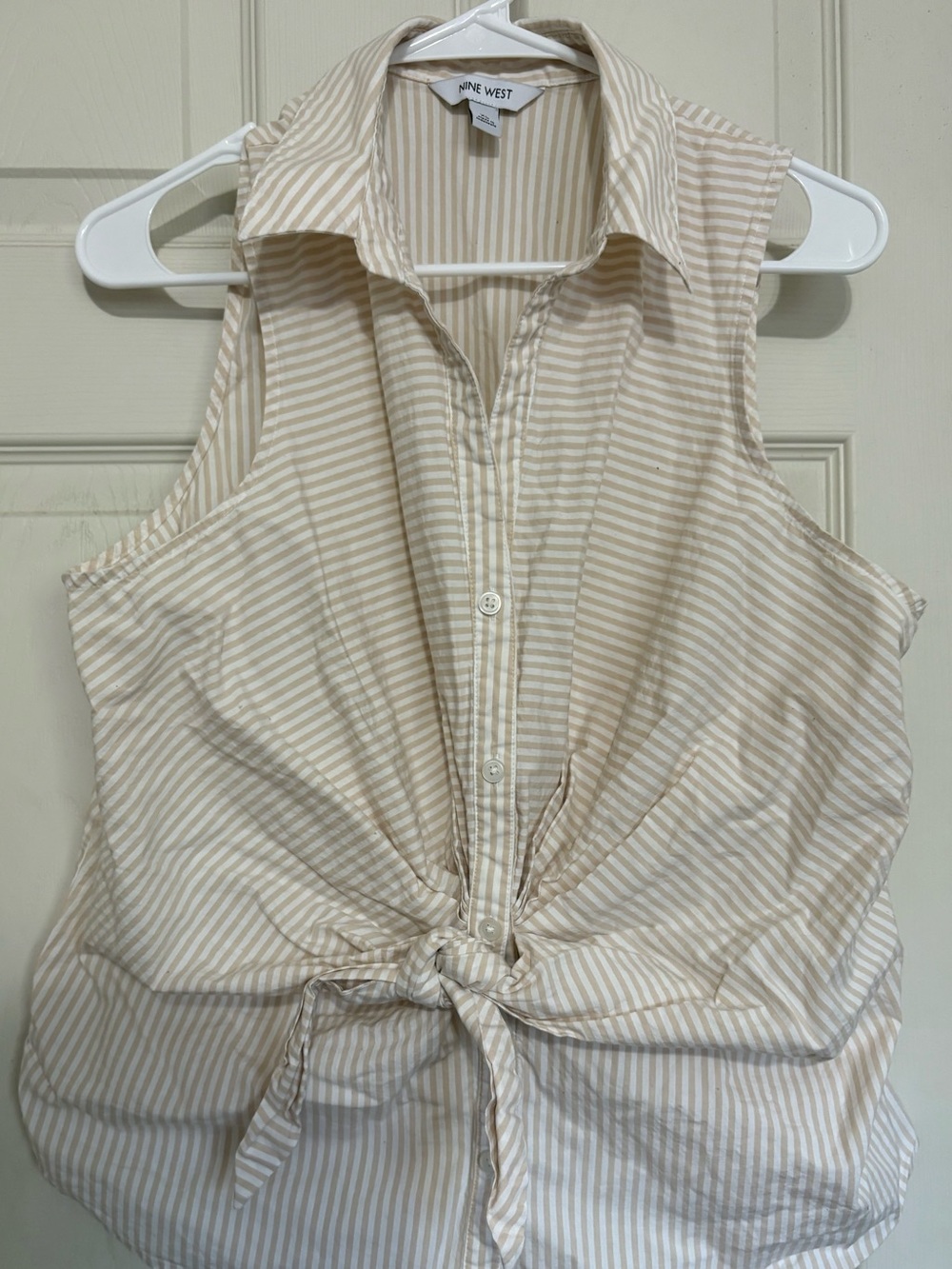 Nine West Sleeveless Striped Tie-Front Blouse in Cream and White sz XL